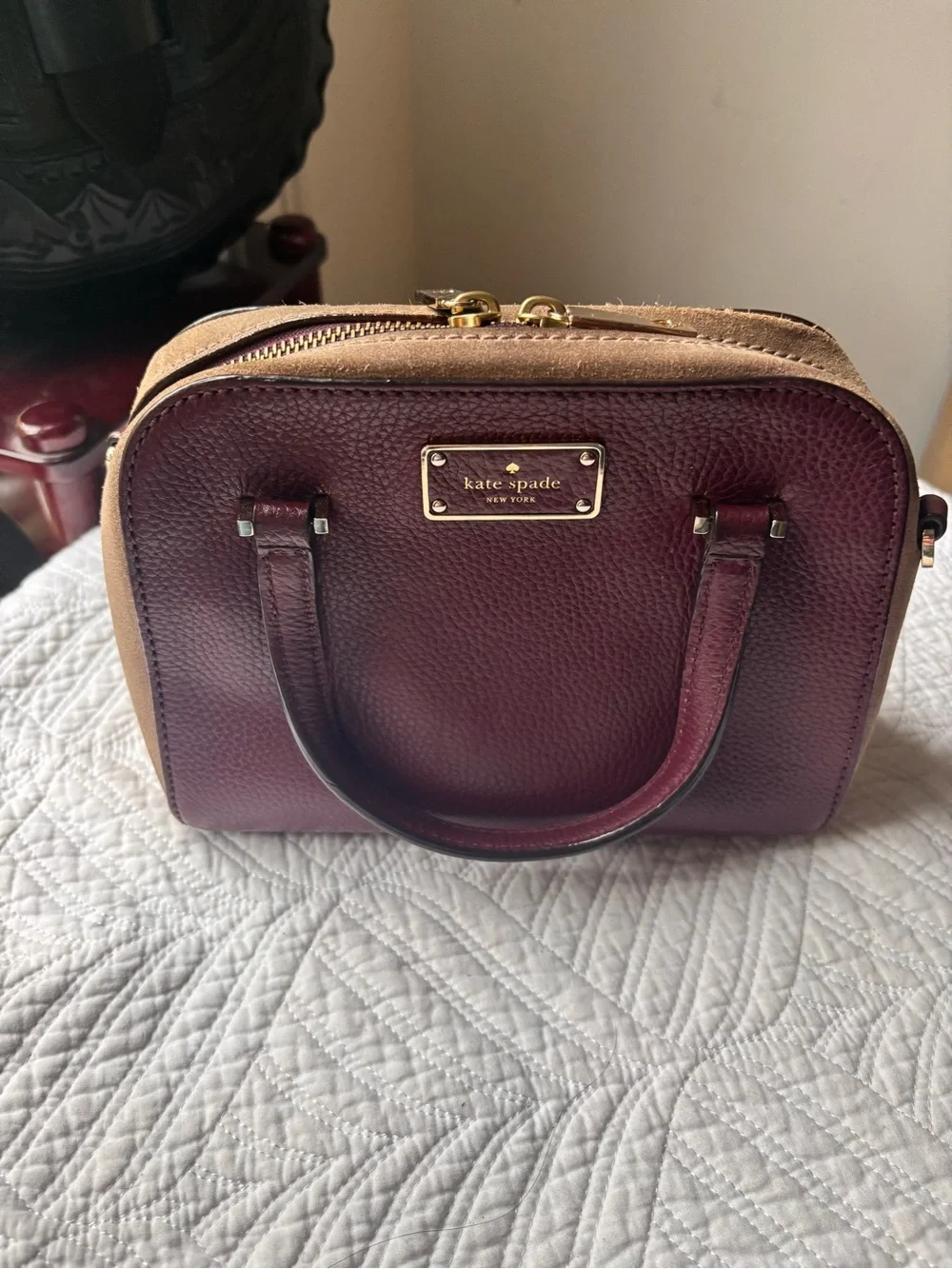 kate spade Burgundy and Beige Leather Dome Satchel with Removable Strap
